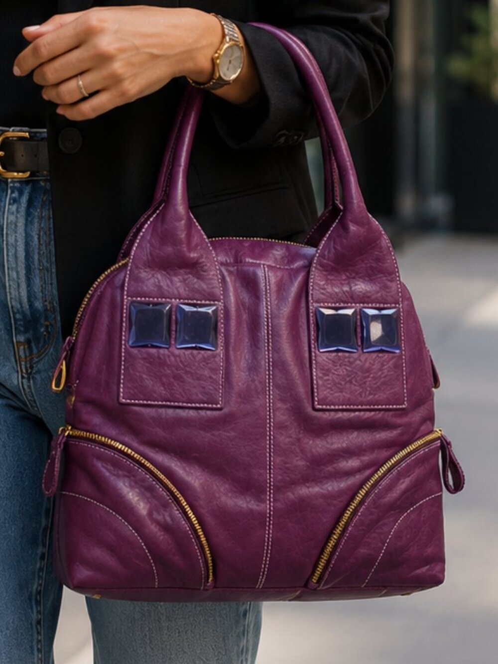 Genuine Leather Purple Handbag Satchel - NEW